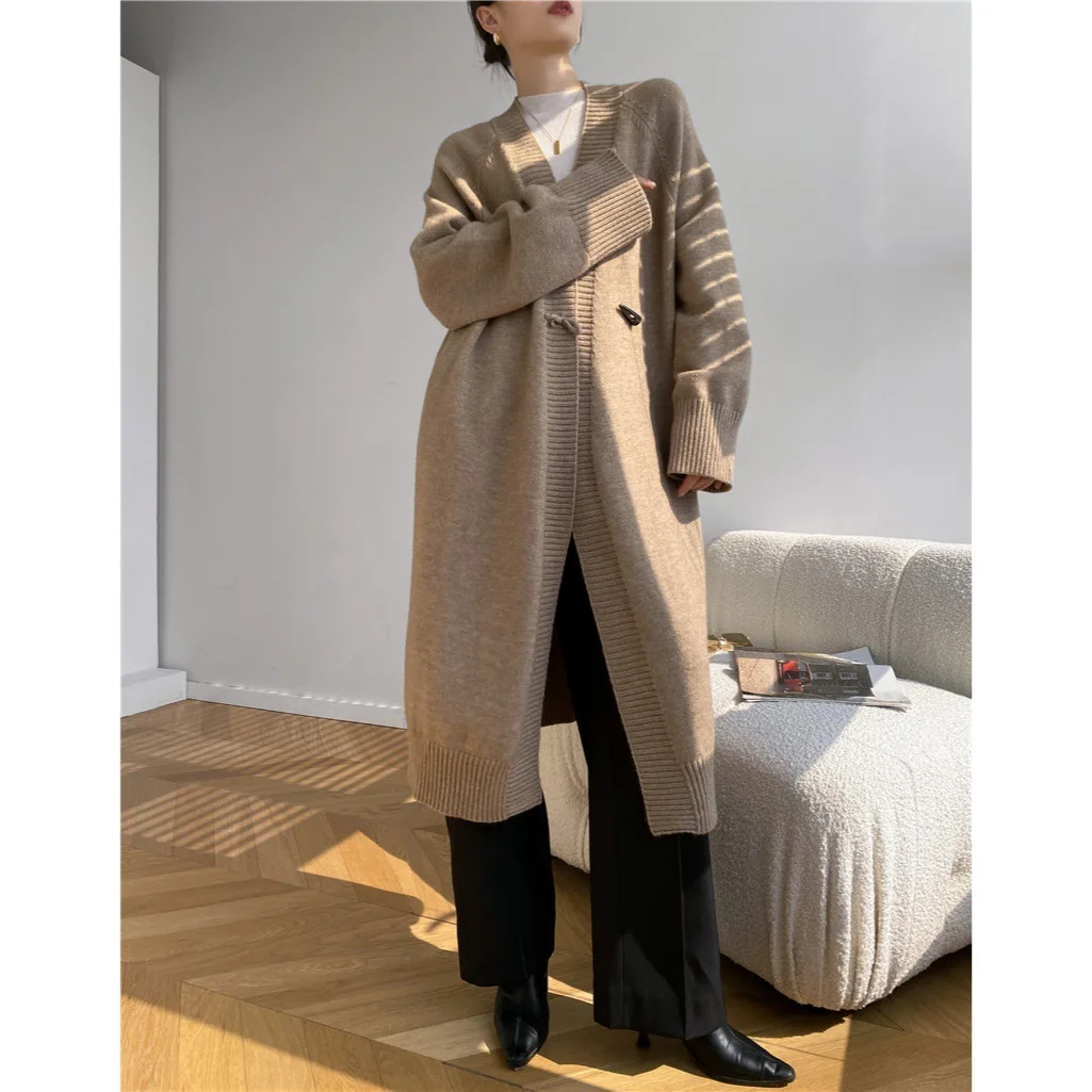 

Вязаный кардиган, свитера, женские однотонные длинные джемперы с застежкой-вкладышем, v-образным вырезом, длинными рукавами, свободные офисные женские туфли на одной пуговице, осень 2023 г.