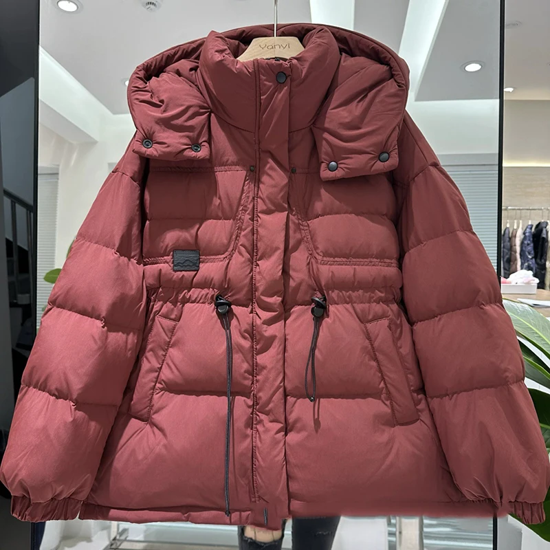 Piumino invernale di media lunghezza con cappuccio a sbuffo Piumino da donna con coulisse in vita Piumini d'anatra bianchi Capispalla Parker con cerniera calda femminile