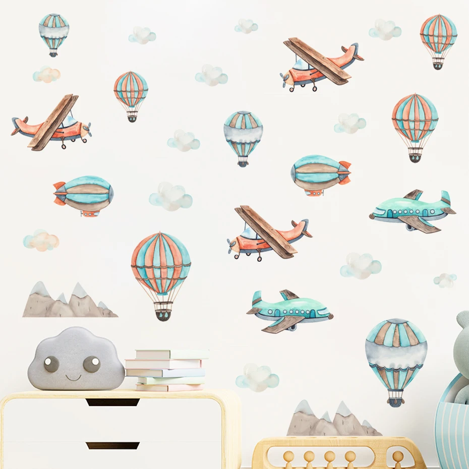 Cartoon Planes Transport Hot Air Balloons Clouds Watercolor Wall Sticker Vinyl Baby Nursery Art Decals for Kids Room Home Decor