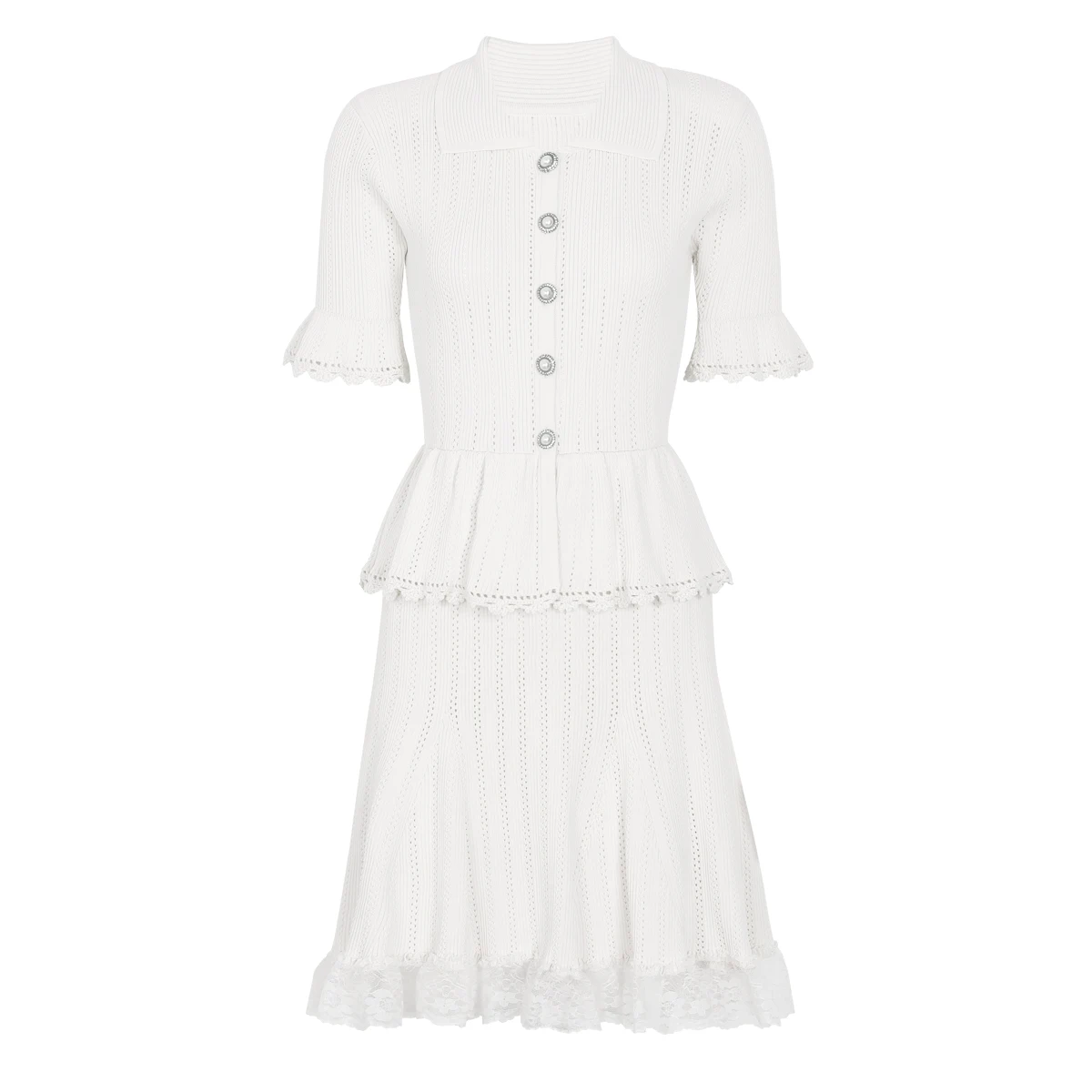 

2676 Women Lapel Lace Dress Summer Socialite Style Pearl Button Short Sleeve Slim Fit Elegant Fashion Female Casual Party Dress