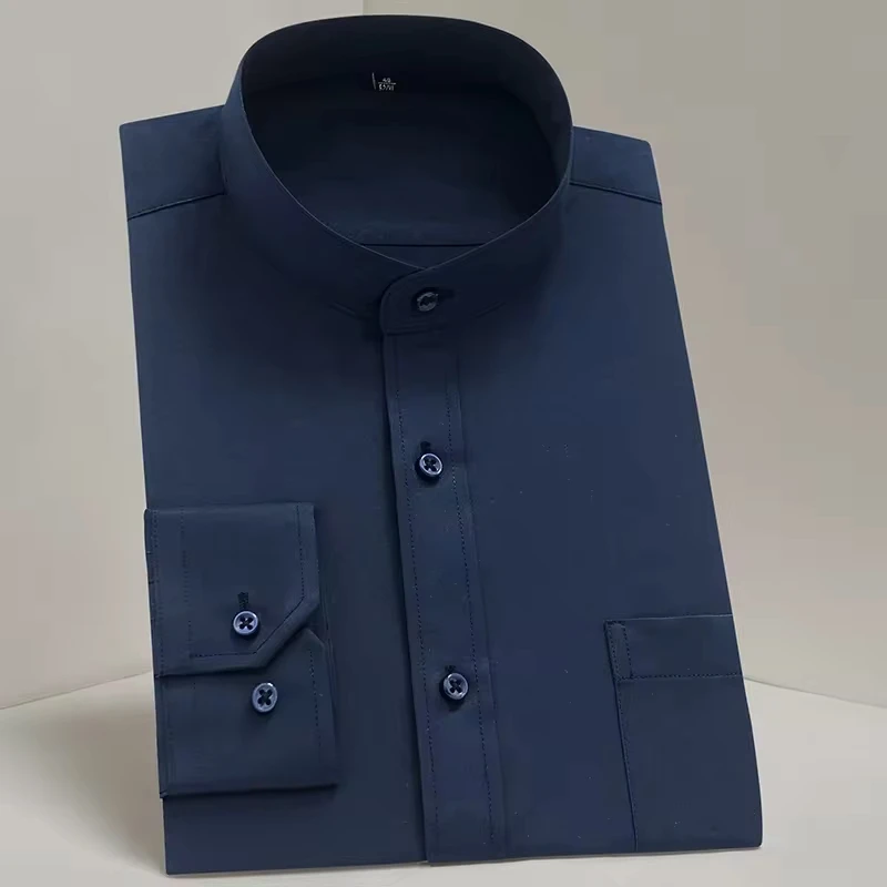 

Spring Formal Shirt Men Stand Collar Business Long Sleeve Shirt Men Single Breasted Solid Color Work Tops Man