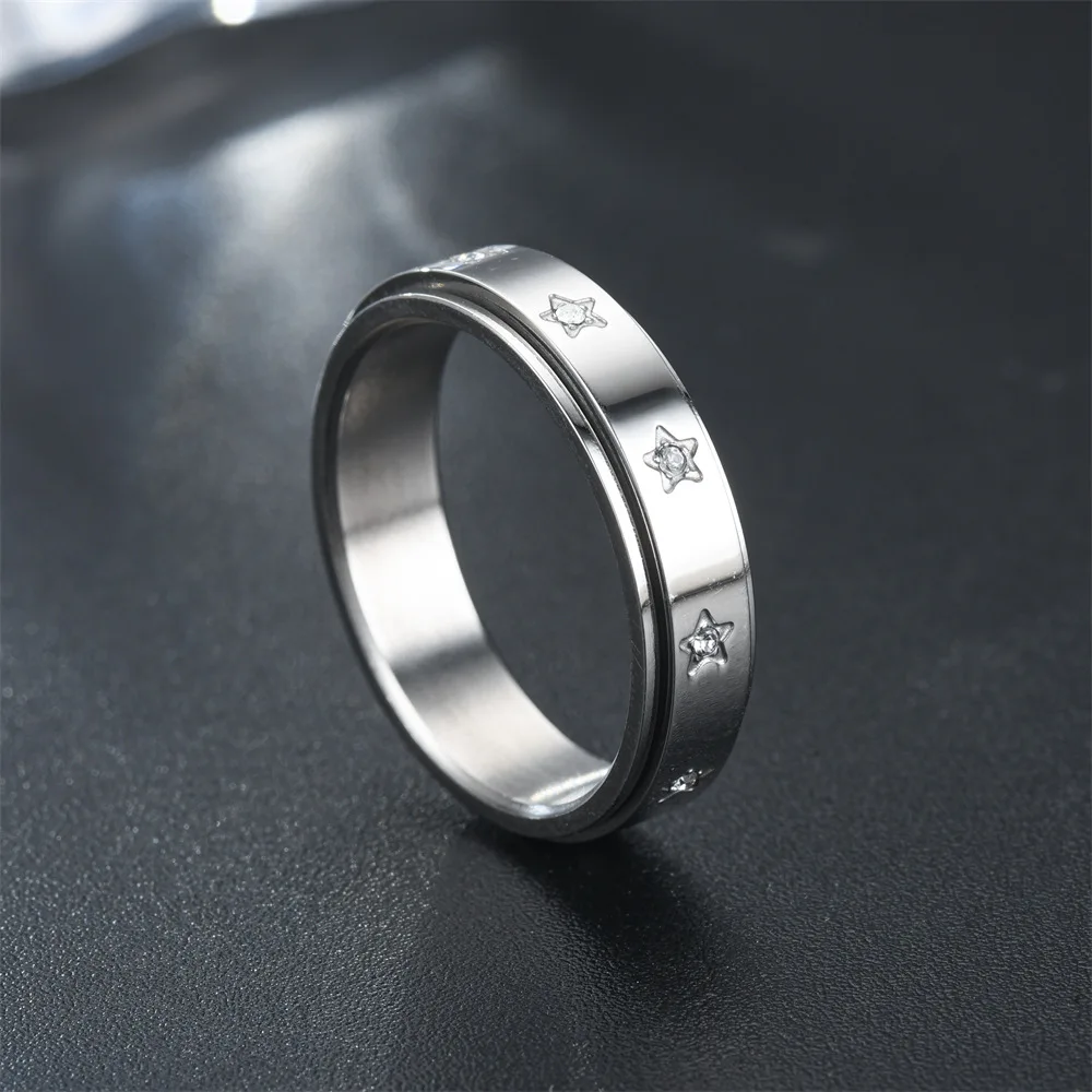 Fashion Stainless Steel Jewelry For Women Waterproof Clear Crystal Zircon Setted Star Ring Free Rotation Anxiety Jewelry