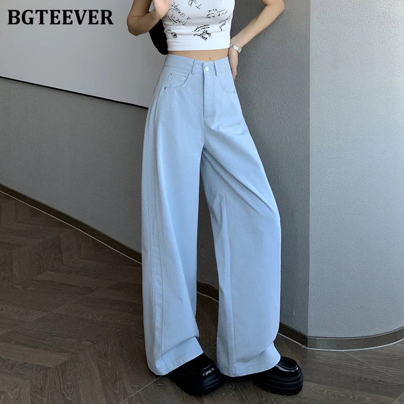 

BGTEEVER повседневные свободные карманы женские однотонные прямые джинсовые брюки весна-лето стильные женские широкие джинсы с высокой талией