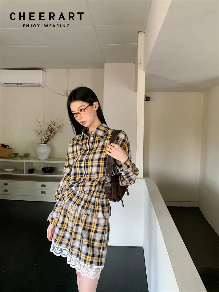 CHEERART Jesień 2025 Żółta Koszula w Kratę z Długim Rękawem Damska Koszula Zapinana na Guziki Bluzka Styl Jirai Kei Ubrania Jesienne