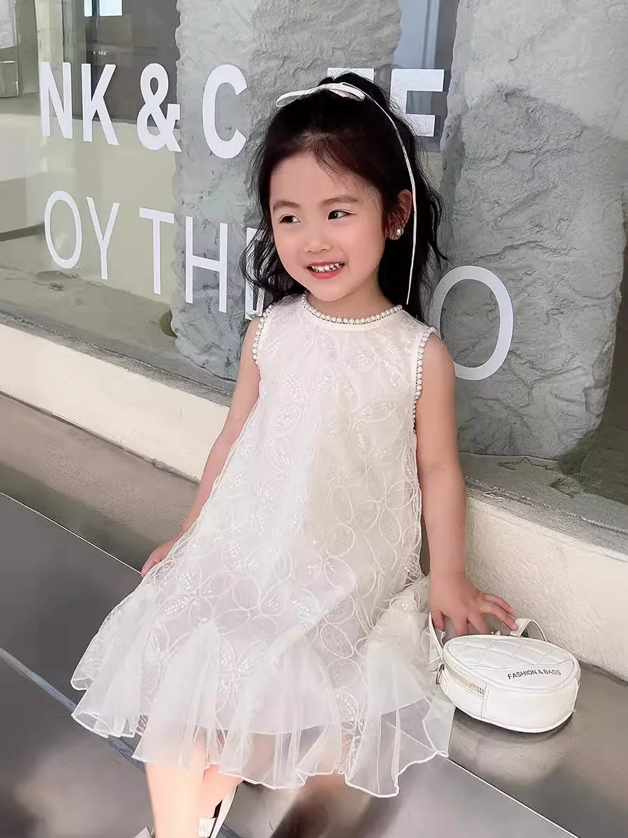 Children\'s Dress Summer New Korean Version of the Princess Dress Fashion Pearl Sleeveless Dress Pure White Undershirt Dress