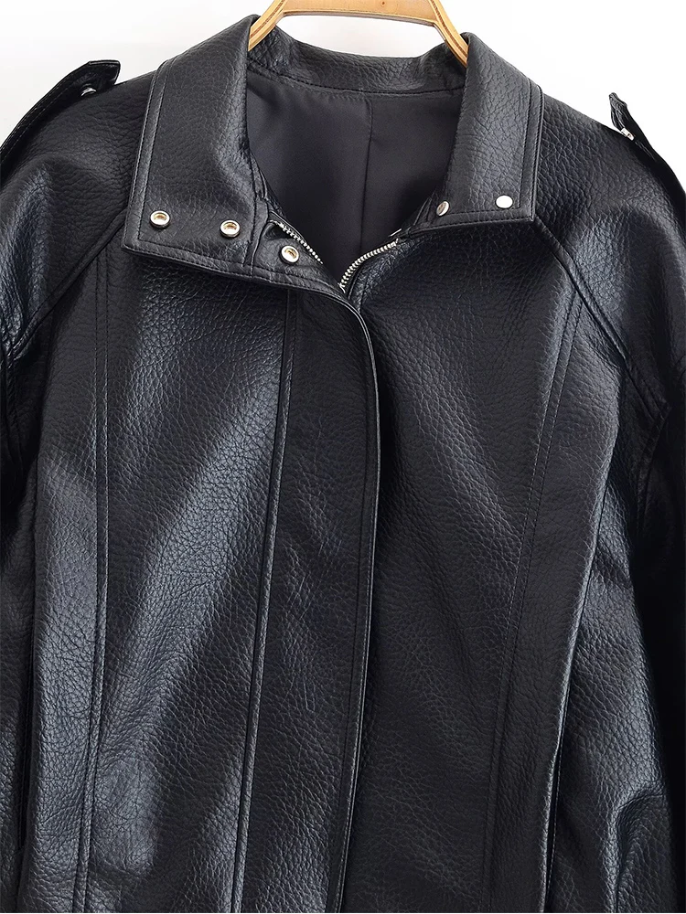 European style new women's fashion versatile temperament loose slim shoulder textured leather jacket coat