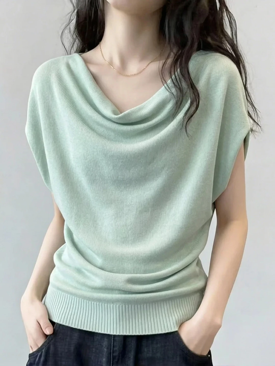 Camiseta de punto verde menta de manga corta para mujer, estilo holgado, novedad de verano, talla grande, estilo informal, experto en proveedores de comercio electrónico