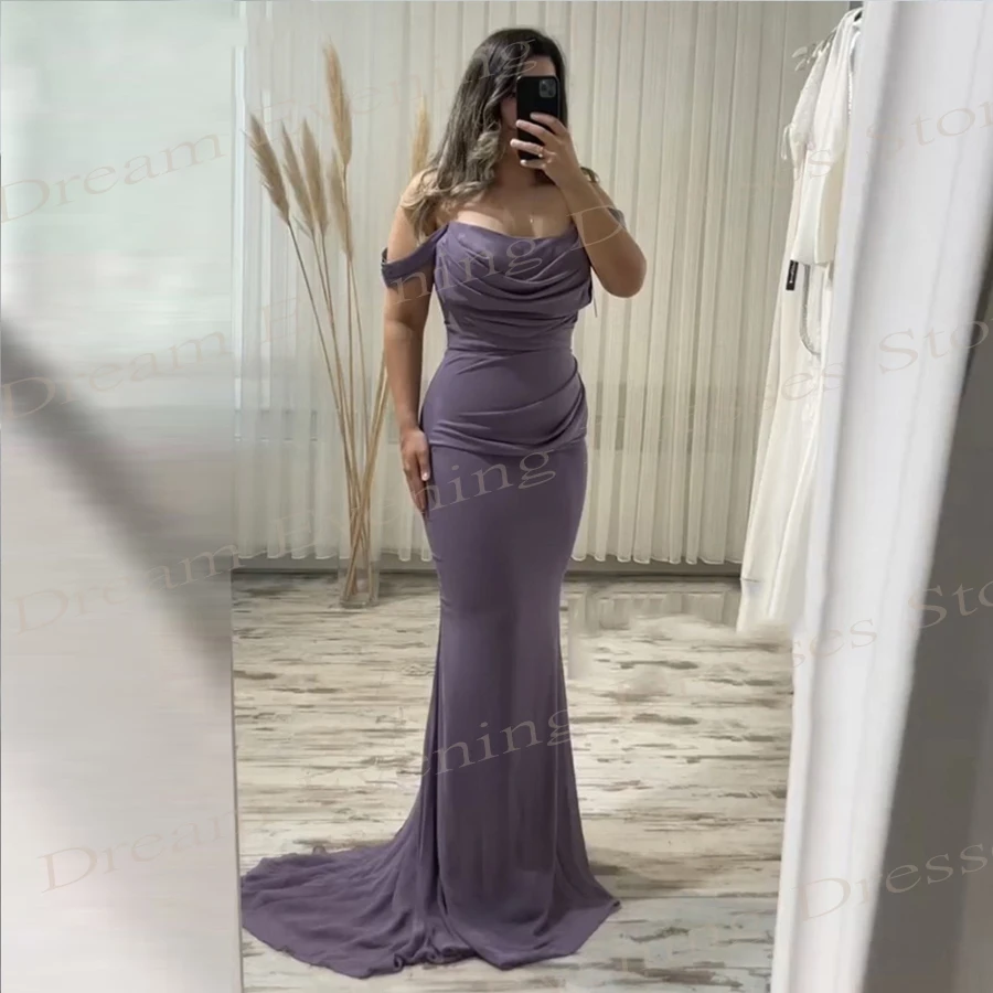 Elegant Purple Women's Mermaid Simple Evening Dresses Charming Off The Shoulder Chiffon Prom Gowns Pleated فساتين حفلة موسيقية