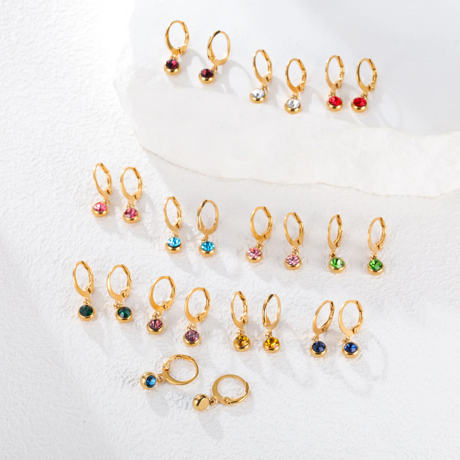 Colorful Round Zircon 12 Month Birthday Stone Women's Earrings Stainless Steel Fashion Minimalist Style Trendy Jewelry Gift