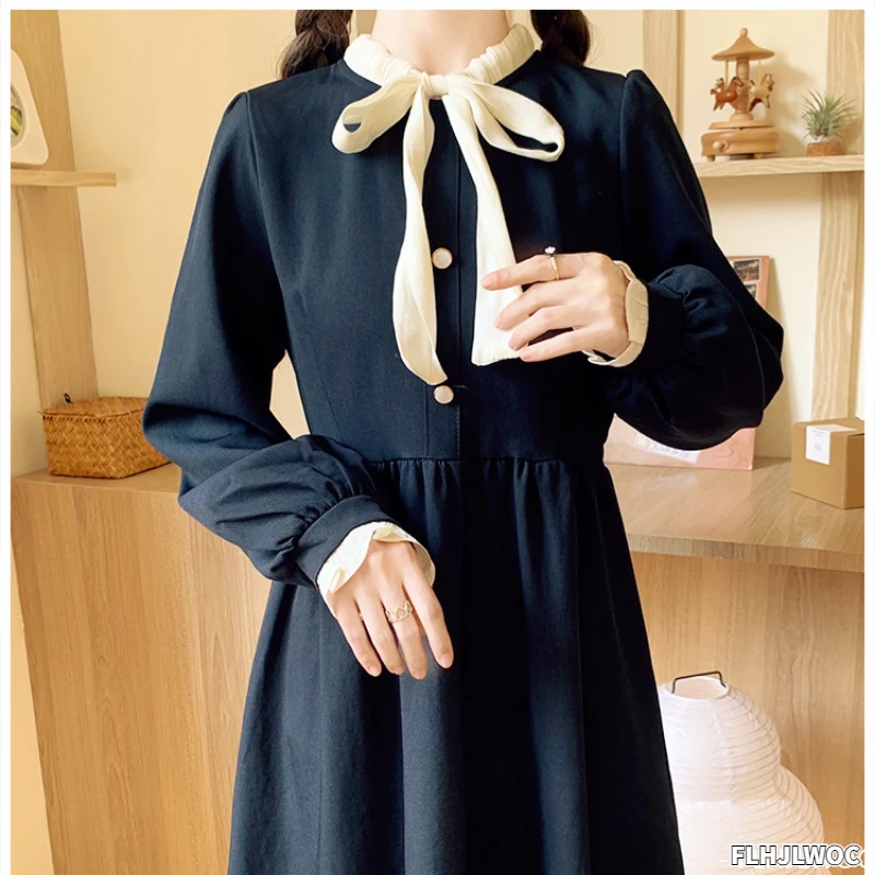 Art Mori Girls Long Dress Autumn Winter Basic Wear Retro Vintage Japan Style Doll Neck Cute Sweet Ribbon Bow Tie Corduroy Dress