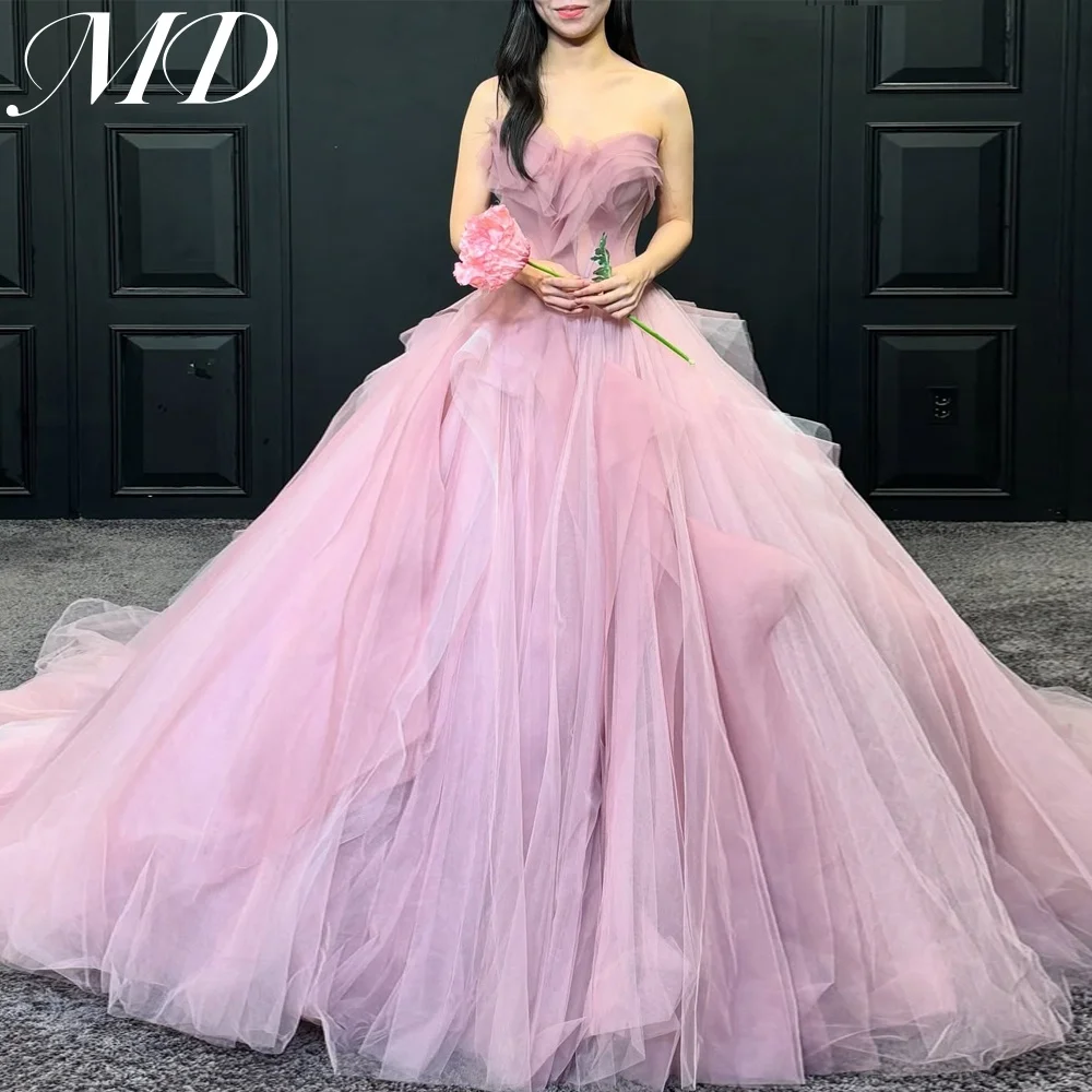 MD Fairy Pink A-line Strapless Evening Dress Tulle Pleat Korea Photoshoot Floor Length Evening Gown Corset Customised 웨딩드레스
