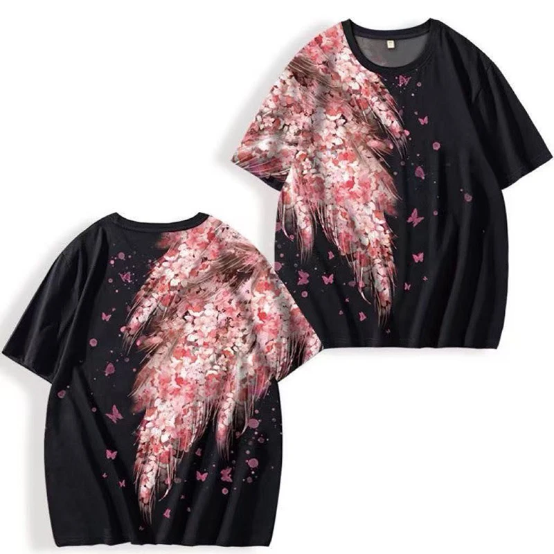 Summer Men O Neck Short Sleeve T Shirt Butterfly Flowers Wing Print Fashion Casual 2xl Oversized Couple Clothing Top Black White