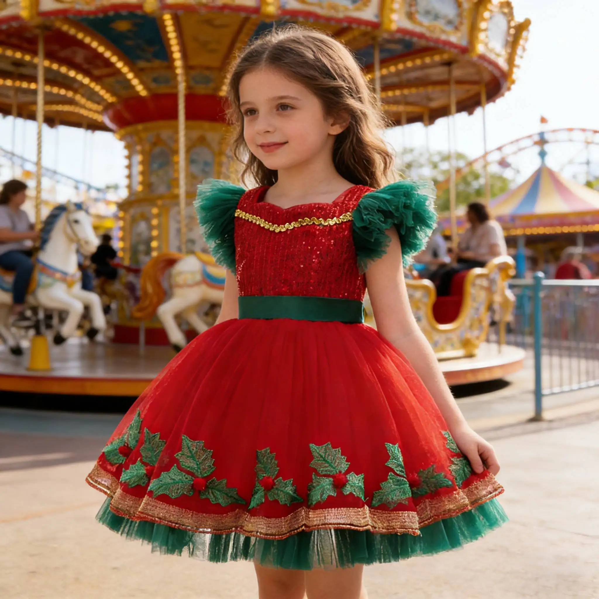 

Рождественские платья, кружевное платье принцессы с блестками для девочек, детское красное и зеленое бальное платье для девочек, карнавальная одежда, праздничное платье на Новый год