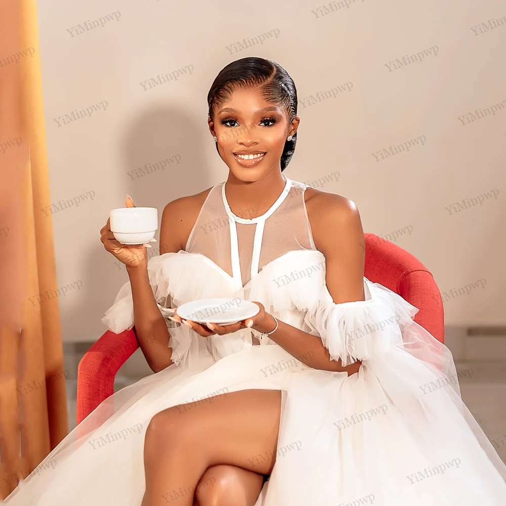 African Bridal Shower Dress O-Neck Side Split Reception Dresses For Bride Tulle Customized Bridal Robes Wedding For Photoshoot