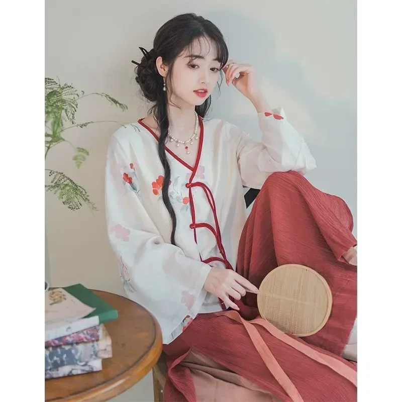 2023 Chinese Traditional Modern Hanfu for Women Summer White Camellia Long Sleeve Top Brown Red Wide Leg Pants 2pcs Tang Suit