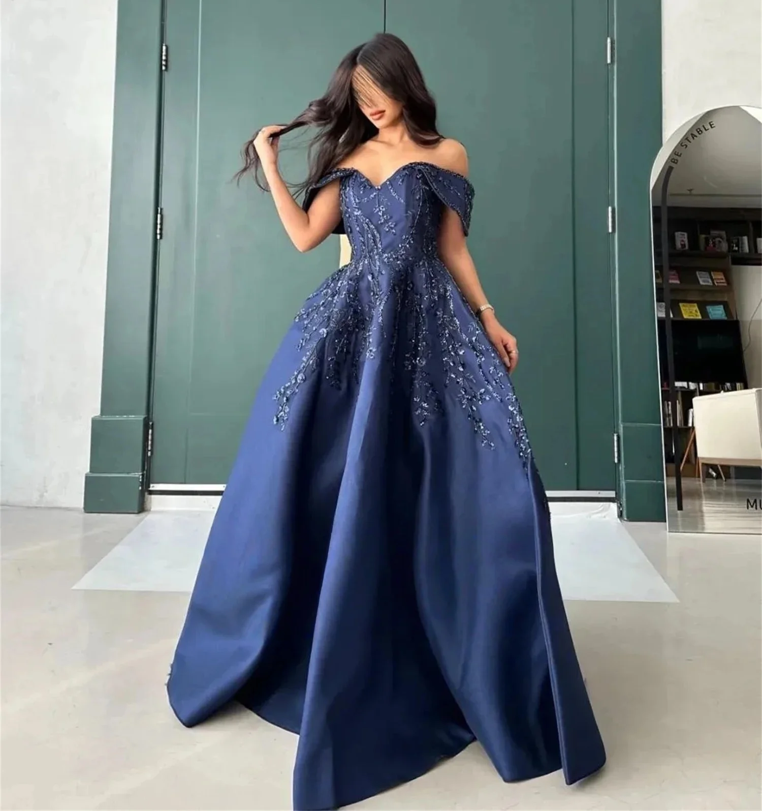 

Blue Beaded Floral Long Bespoke Occasion Gown Evening Dresses Prom Pastrol Unisex Jersey Retro Dubai Saudi Arabic Customized