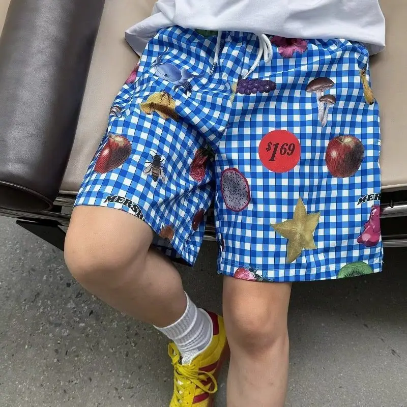 Lovely Funny Fruit Cartoon Pants Blue Gingham Beach Swim Shorts | Drawstring Elastic Waist Summer Casual Trunks Couples Harajuku