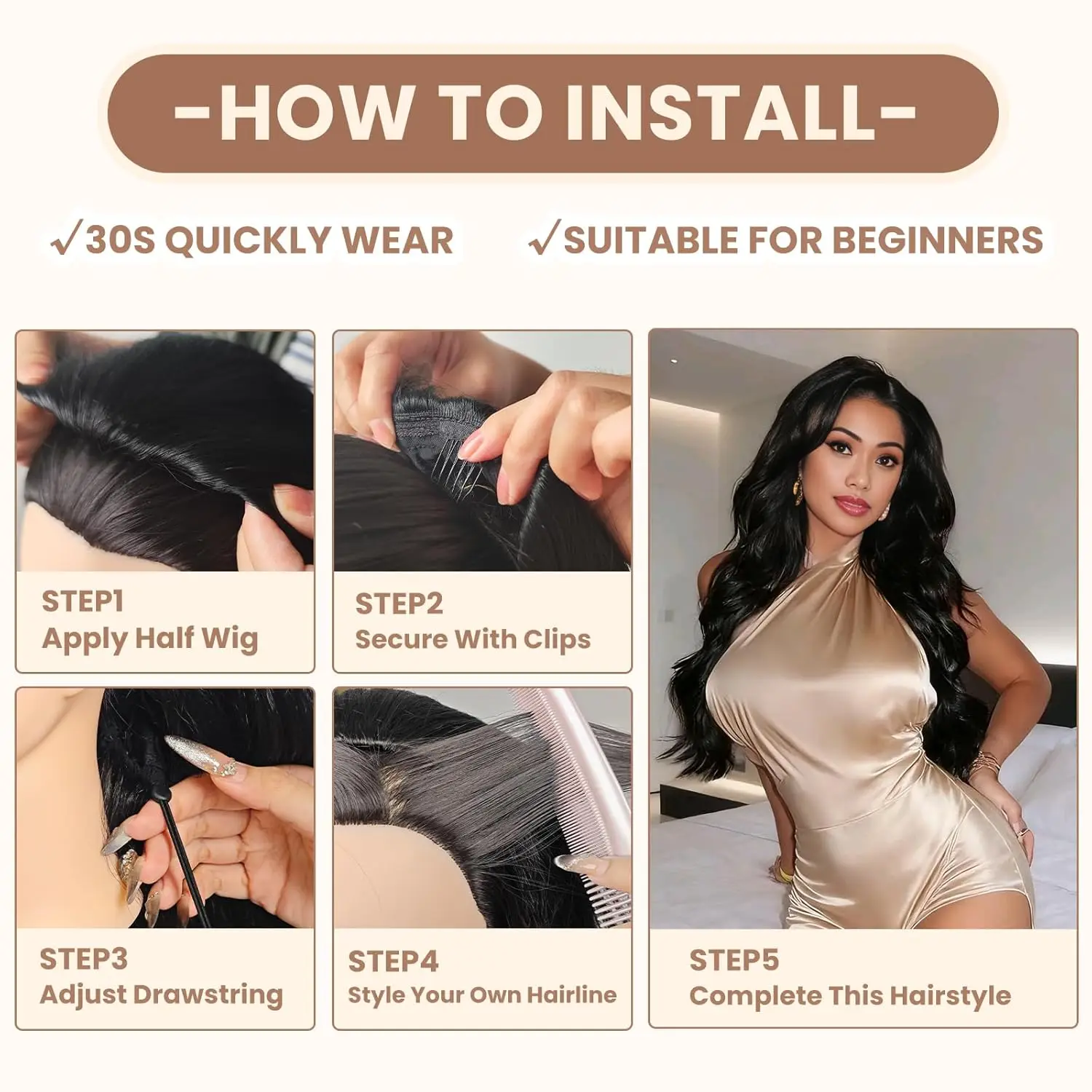 180-200% Density 38 Inch Body Wave 3 In 1 Full Machine Wig Half Wig Human Hair Seamless Body Wave Beginner Friendly Wear & Go Drawstring Body Wave Human Hair Wigs With Drawstring Seamless Clips Wig Quick Install For Women