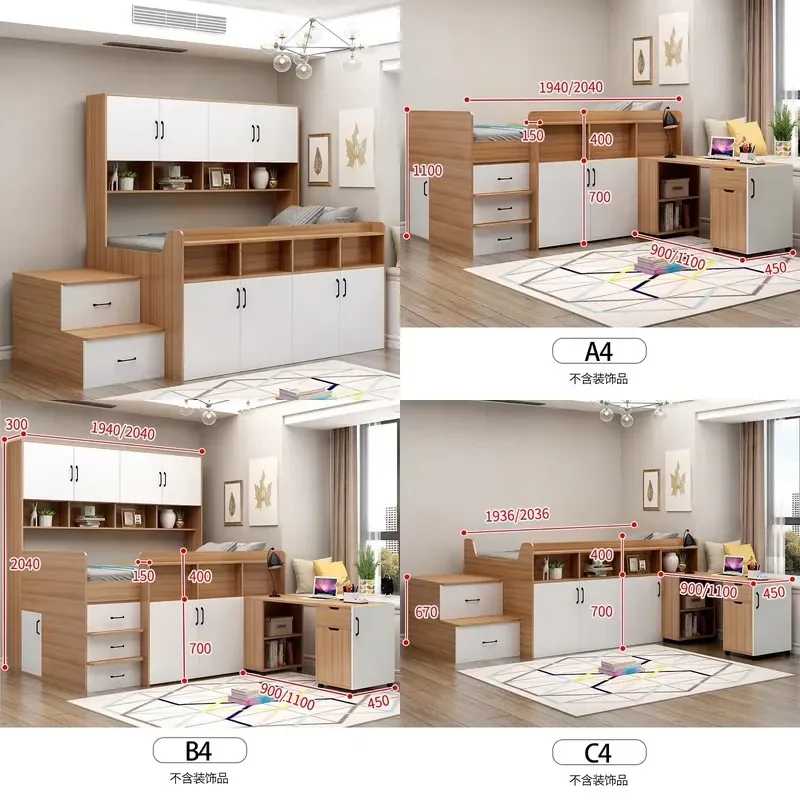 Modern Wooden Children Bed Desk Wardrobe Integrated Multifunctional Bedroom Set Space Saving Design for Small Rooms