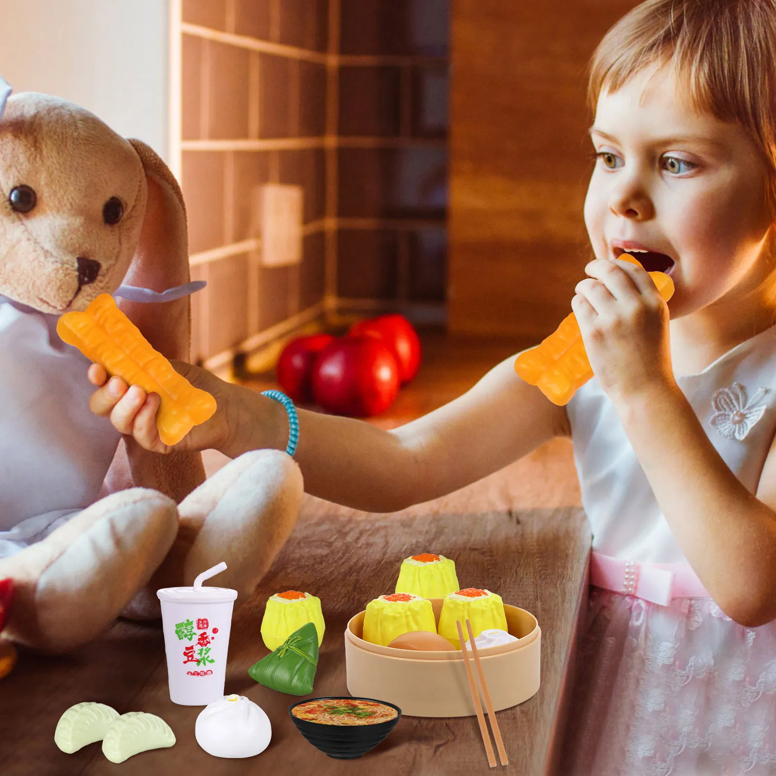 

2Sets Electric Stove Pretend Play Kitchen Cooking Set Chinese Breakfast Food Play Set Mini Food Steamed Buns Fried Bread Zongzi