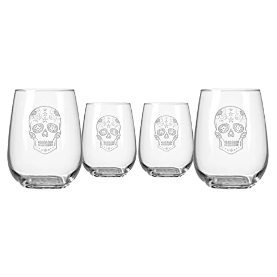 

Sugar Skull Stemless Wine Glass Set of 4,17 oz, Clear
