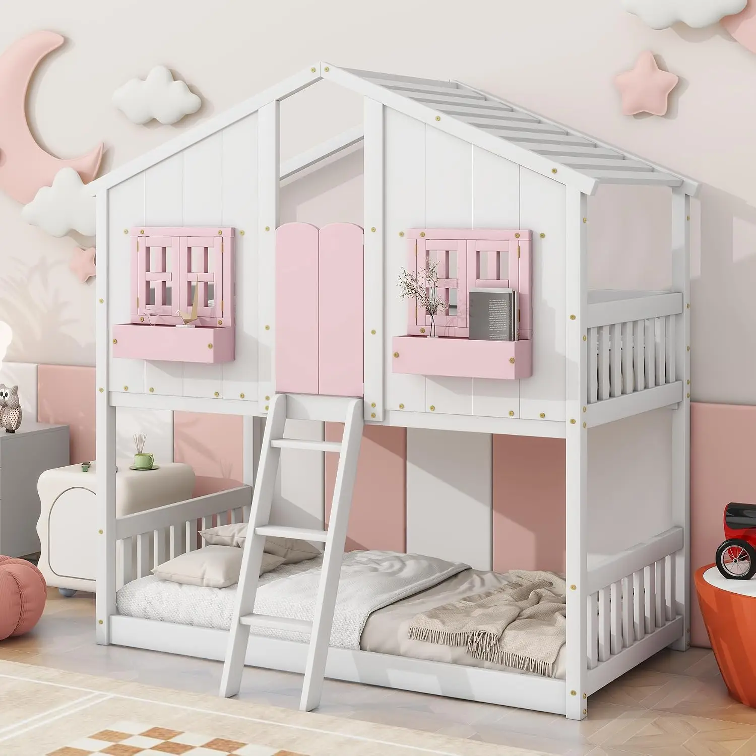 Twin House Bunk Bed With Roof & Window, Pink White, Customized