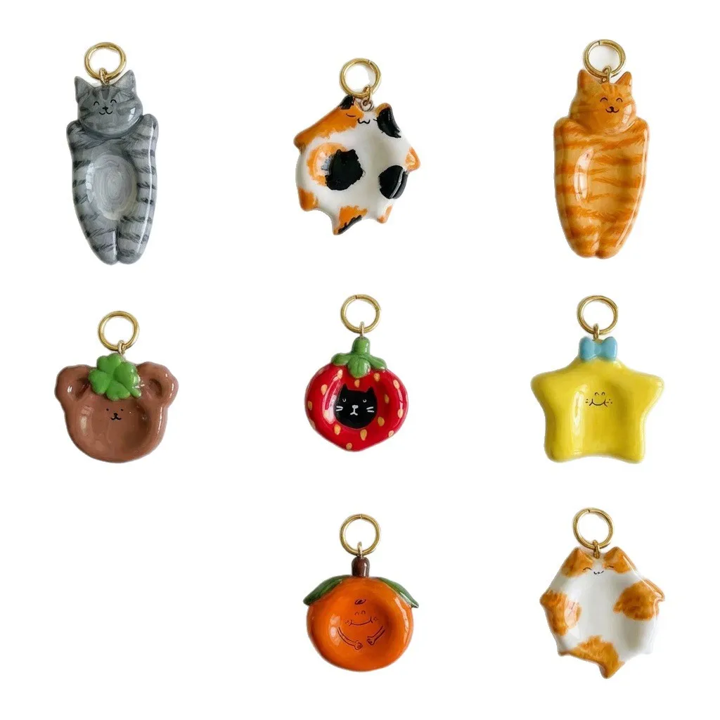 5Pcs Cute Chubby Cat Bear Persimmon Star Strawberry Charms Pendant DIY Handmade Jewelry Accessories view 6