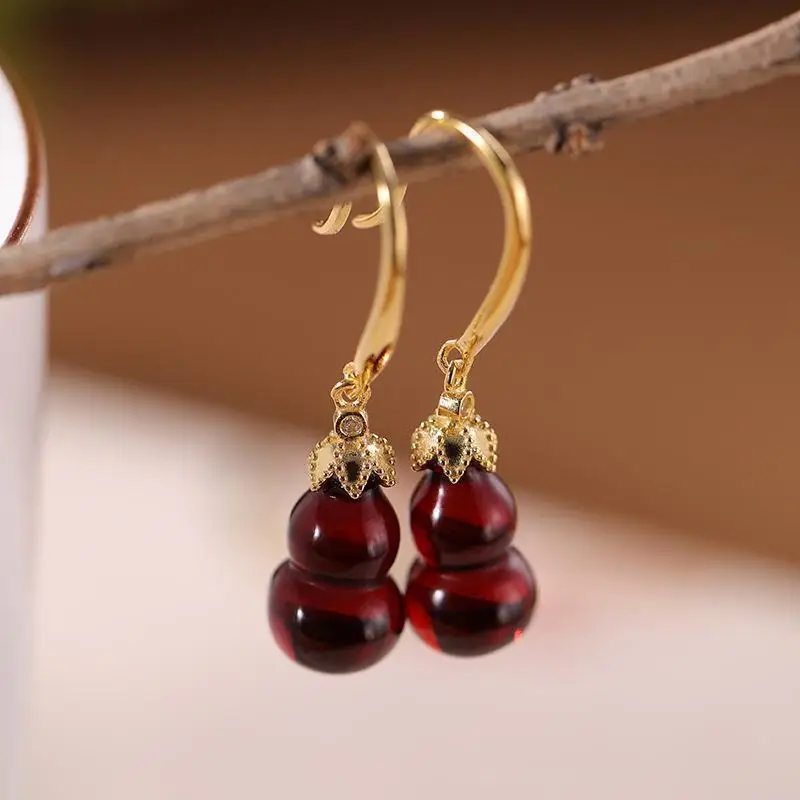 Classic design natural carnelian gourd earrings for women exquisite light luxury Chinese style wedding party silver jewelry