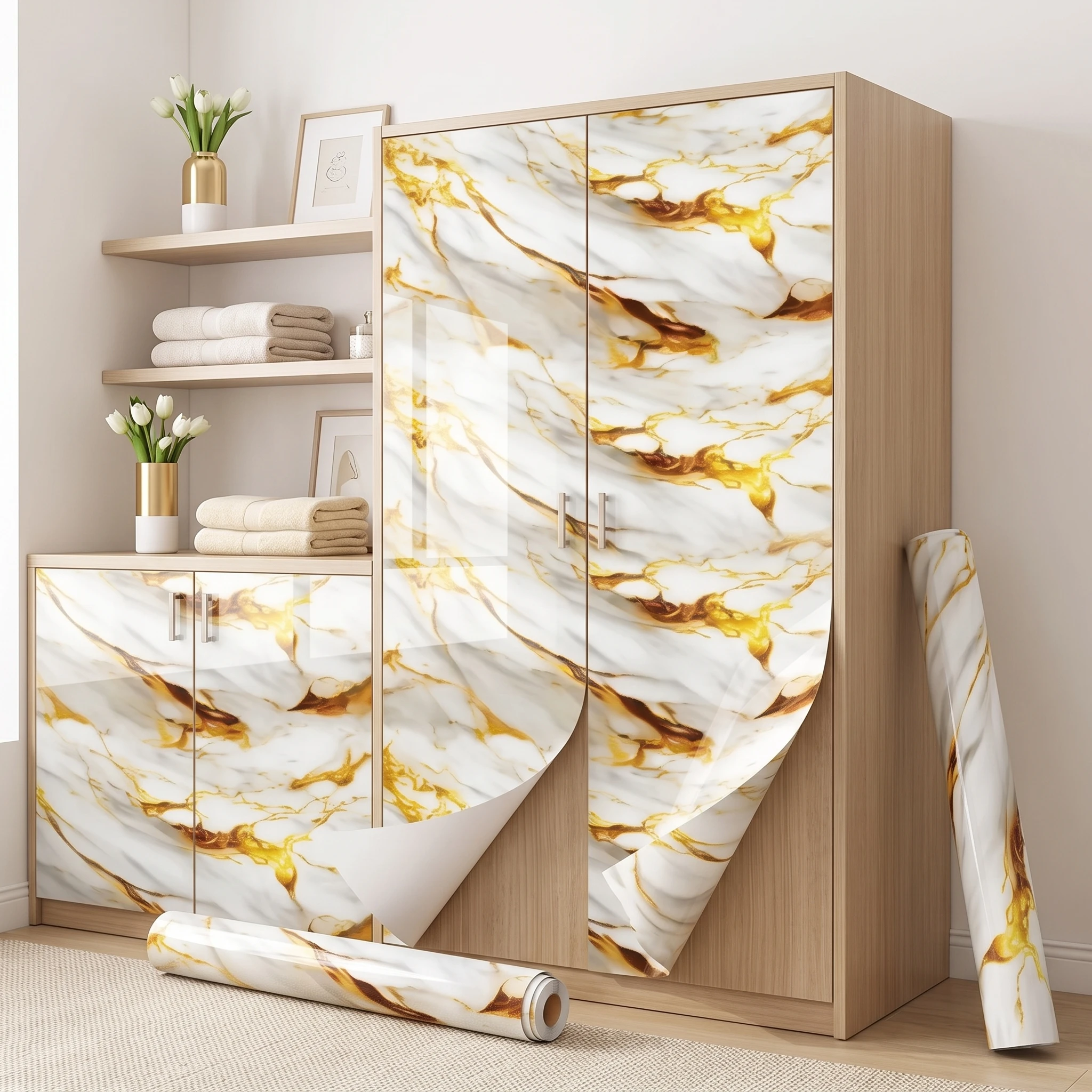 8M Marble Decor Stickers Self Adhesive Waterproof Oil Proof Aluminum Foil Wallpaper for Kitchen Cabinet Countertop Renovation