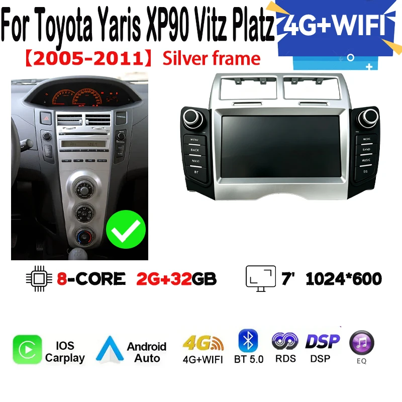 Android 14 autoradio voor TOYOTA YARIS 2005 - 2011, touchscreen multimediaspeler met Carplay, WiFi en GPS-navigatie