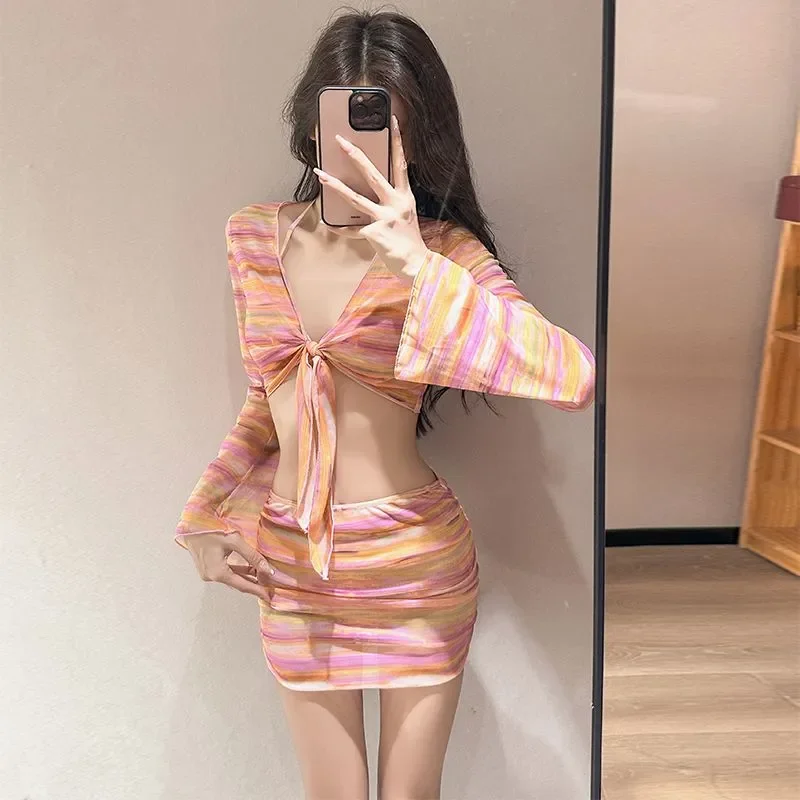 Atmospheric bikini four-piece gradient striped halterneck split swimsuit