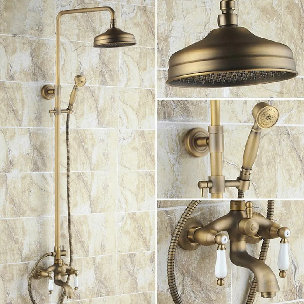 

Antique Brass Dual Handle Rain Shower Faucet Set 8" Rainfall Tub Spout Shower Mixers with Handshower