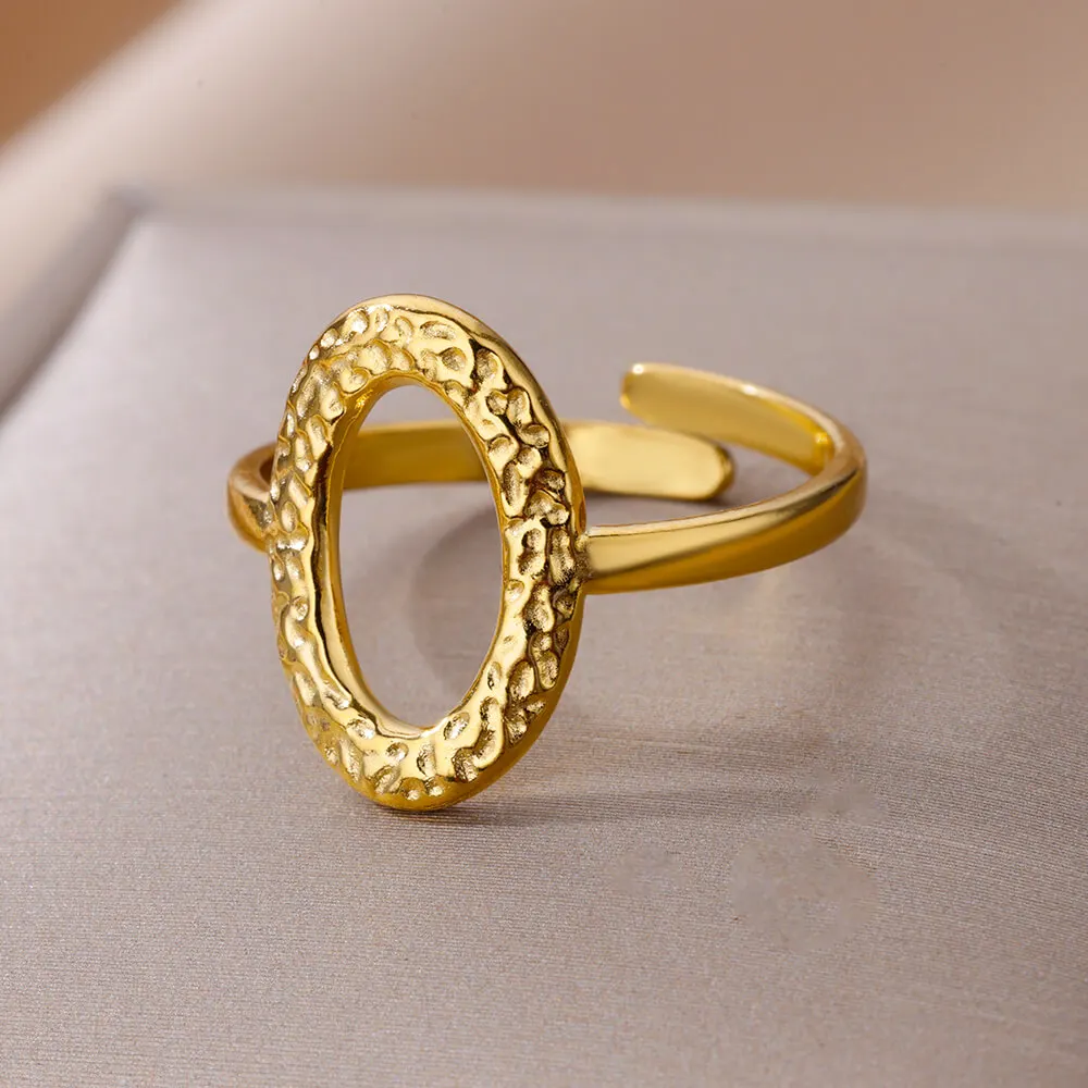 Minimalist Stainless Steel Hollow Oval Open Ring for Women Retro Gold Color Adjustbale Geometric Finger Ring Wedding Jewelry