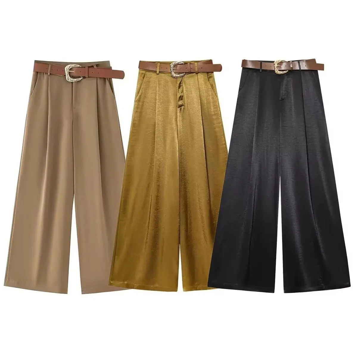 

KONDALA Chic Solis Wide Leg Sashes Pants Fashion 2025 Summer Casual Zipper Pockets Trousers High Street Loose Long Mujer Pants