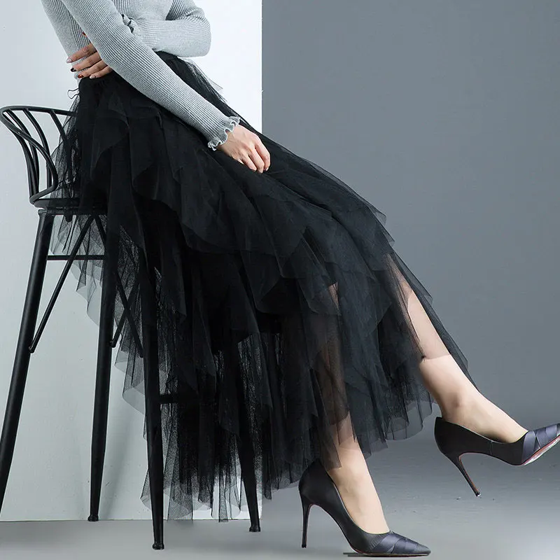 

Длинная сетчатая юбка для женщин, летняя тюлевая юбка, женская макси-юбка с высокой талией, весенняя юбка-пачка с эластичной талией для взрослых, Jupe Longue