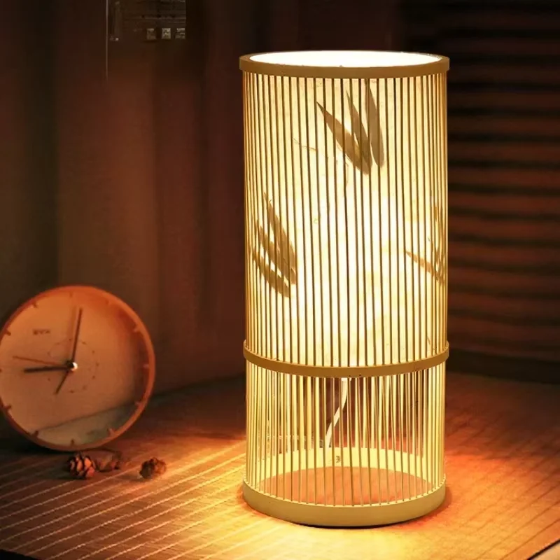 

Vintage Floor Lamp Bamboo Leaf Pattern Design Wooden Lights Bedroom Study Restaurant Tatami Cylinder Lampshade Tea Room Lamp