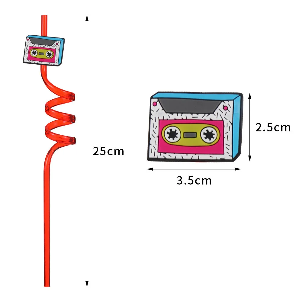 8pcs 80s Party Reusable Straws 80's Rock Disco Party Radio Boombox Mobile Phone Plastic Drinking Straw Hip Hop Retro Party Decor