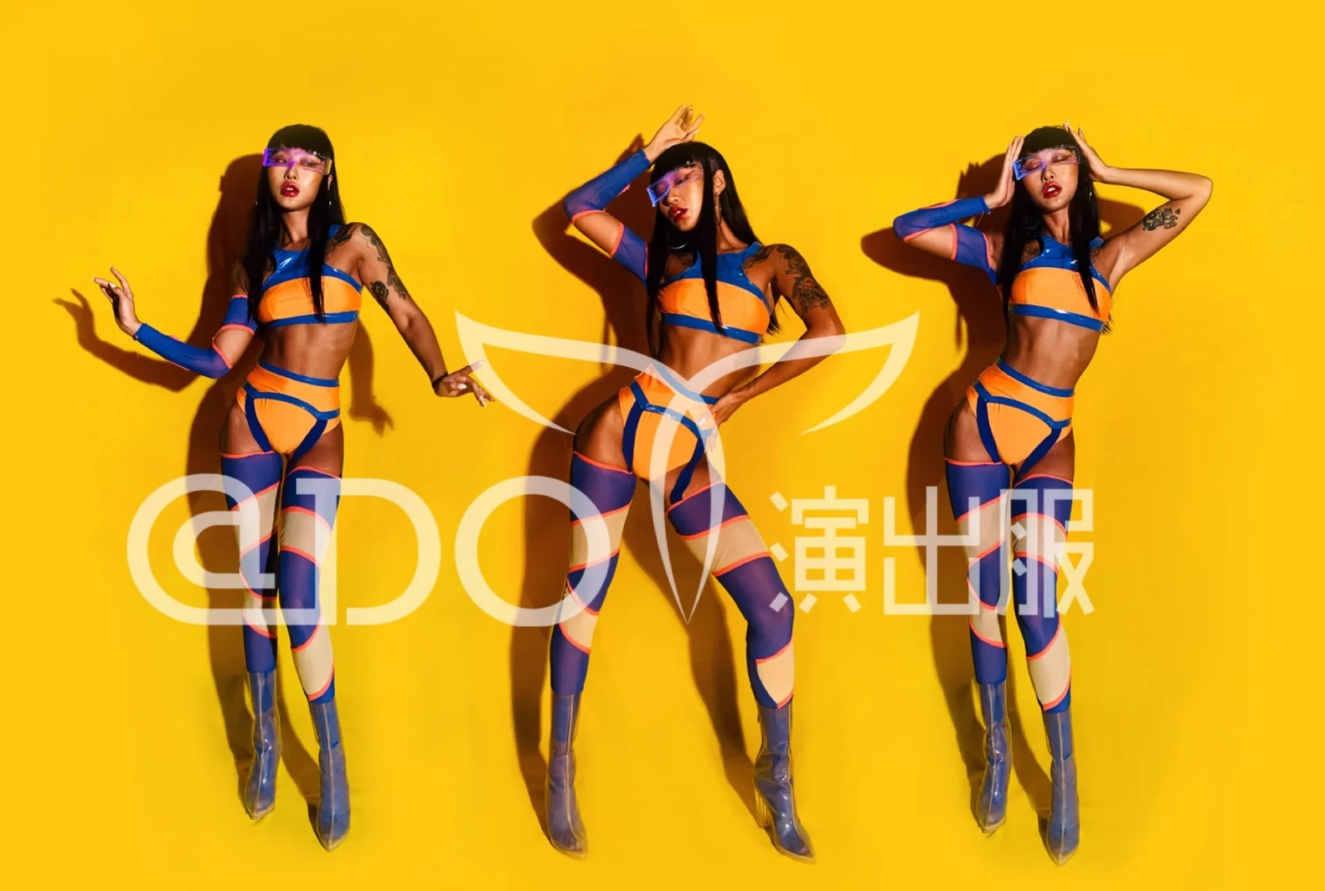 Orange Blue Color blocked Split Tops Shorts Set Bar Nightclub GOGO Atmosphere Interactive Tour Singer Dancer Stage Show Costume