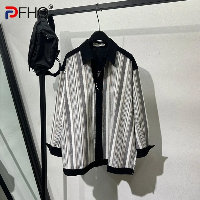 PFHQ Men\'s Vertical Striped Shirt Trendy Fitting Casual Versatile Summer Male Turn-down Collar Original Personality Tops 21Z4373