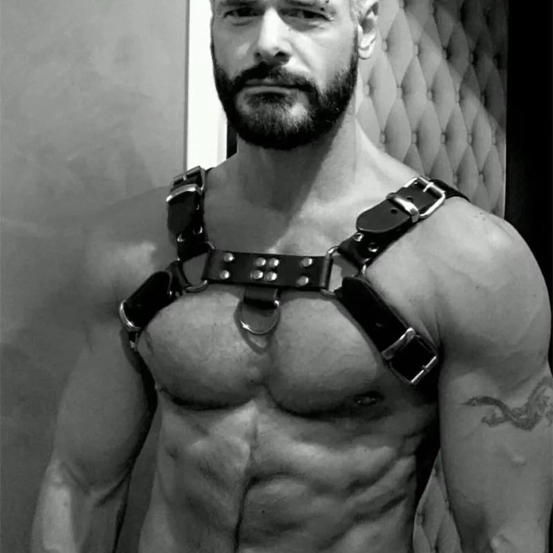 Gay Rave uprząż mężczyźni czarne regulowane skórzane podwójne ramiona Punk kostium paski dla dorosłych BDSM Bondage pas bielizna Sex zabawki