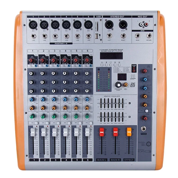 

GT-6400 8/12CH MP3 Powered Audio Mixer Power 400W*2CH/ 99DSP/1 Group Stereo/3-band EQ/48V Phantom Power/Low Cut