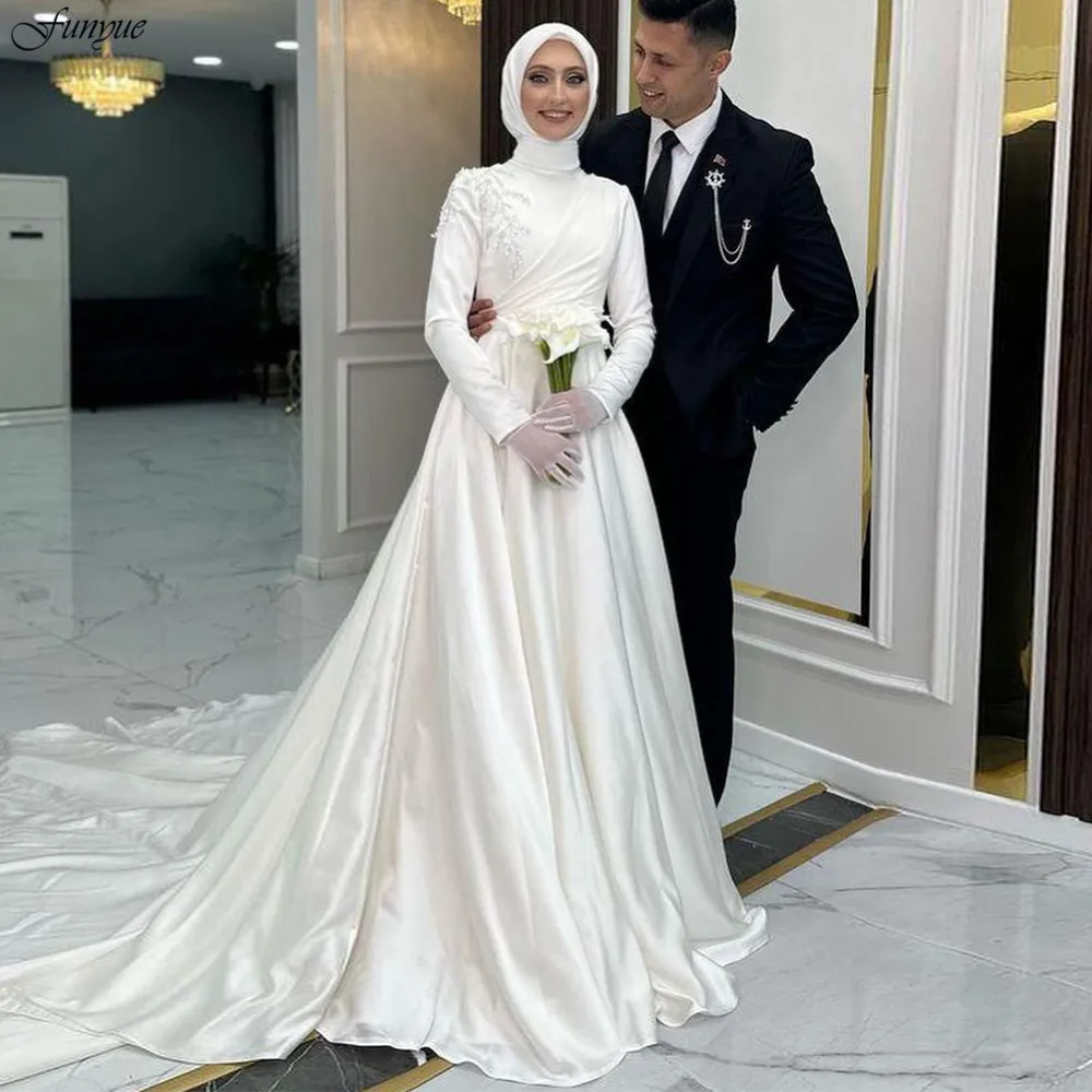 Funyue Ivory A Line Satin Muslim Bridal Dress 2024 New Robes De Mariée Elegant Women Wedding Gowns Dubai Hijab Bride Dresses
