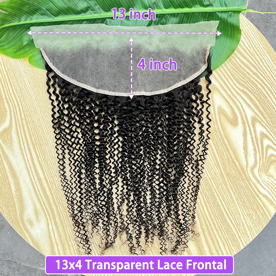 13x4 Transparent Lace Frontal Kinky Curly Human Hair #1B Natural Color Preplucked Bleached Knots Lace 100% Raw Virgin Human Hair