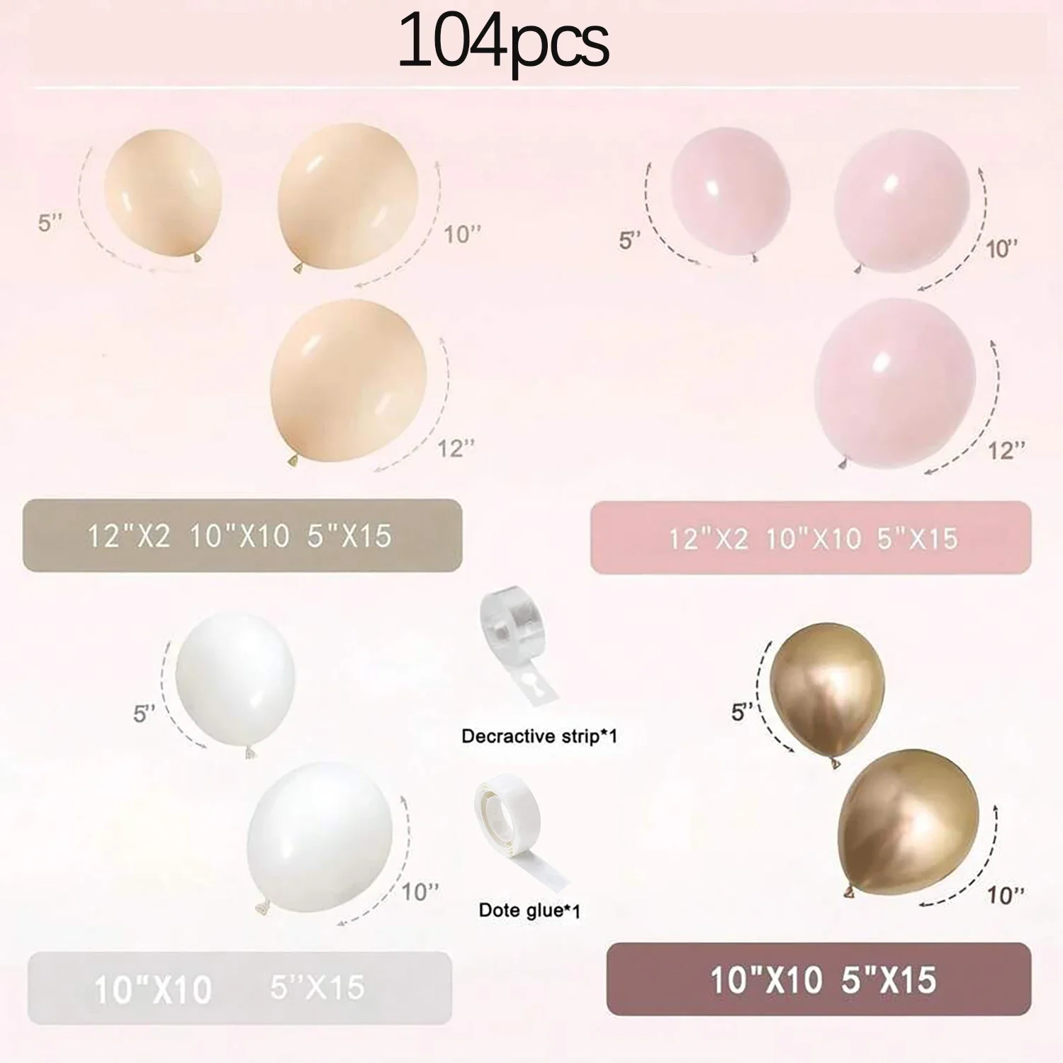 104PCS Pink Gold White Latex Balloon Wreath Set, Suitable for Wedding Season, Birthdays, Pop Parties, and Bridal Showers