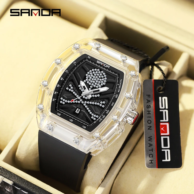 

2023 New Hot Selling Men's Quartz Watch Fashion Trend Cool Brick Embedding Skeleton Head Wristwatch SANDA 7051