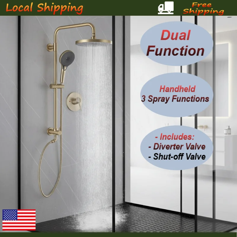

Luxury 2 in 1 Brushed Gold Shower System Modern Dual High Pressure Rain Shower Head and Handheld Spray with Copper Valve