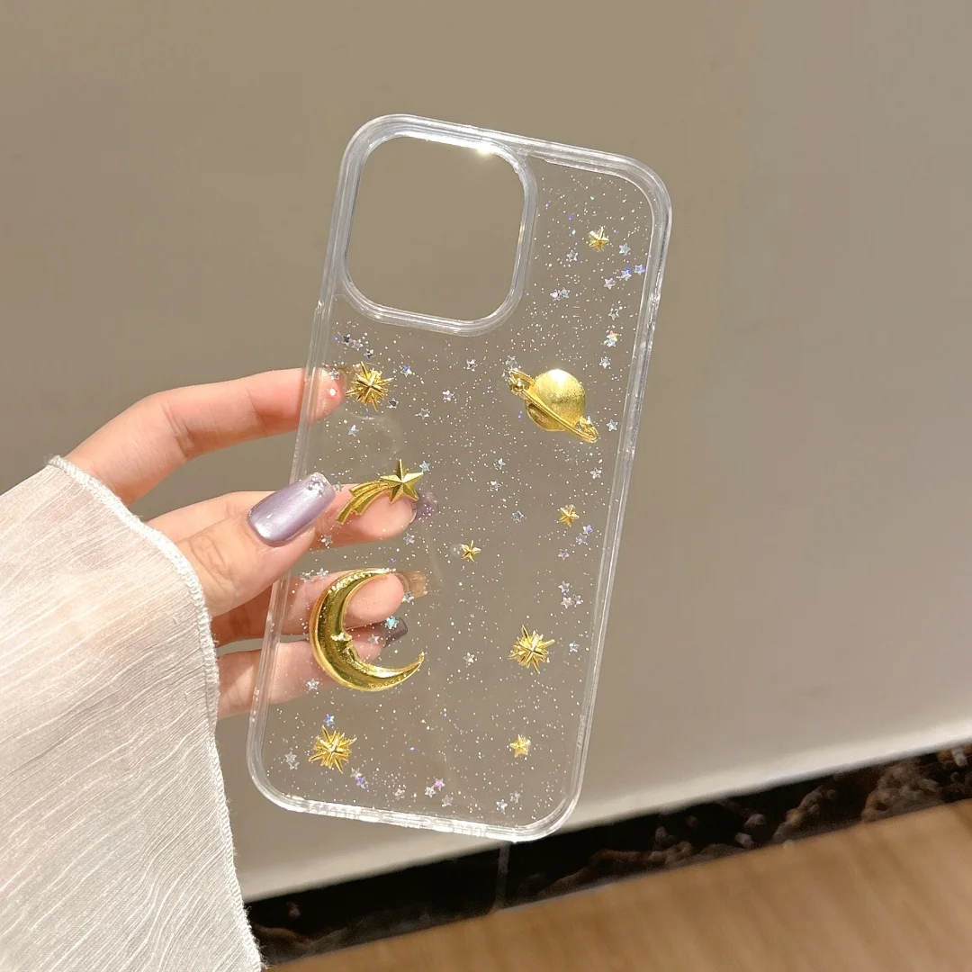 

Luxury Stardust Meteor Satellite drop glue Phone Case for iPhone 11 12 13 14 15 16 Pro Max Plus transparent Shiny Star Cover