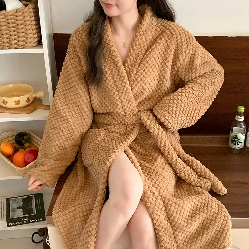 New Fall and Winter Sexy Female Facecloth Robe Homewear Pajamas Padded Thickened Coral Fleece Robe Pajama Pants Homewear Set