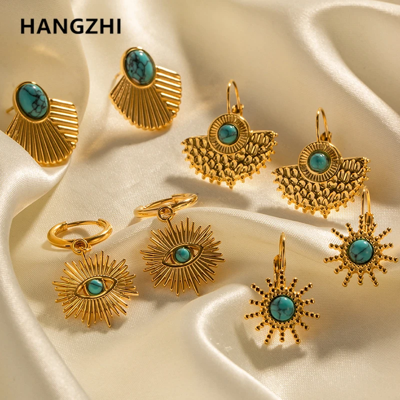 HangZhi Vintage Blue Natural Stone Irregular Geometric Drop Earrings Stainless Steel Simple Earrings for Women Daily Jewelry New