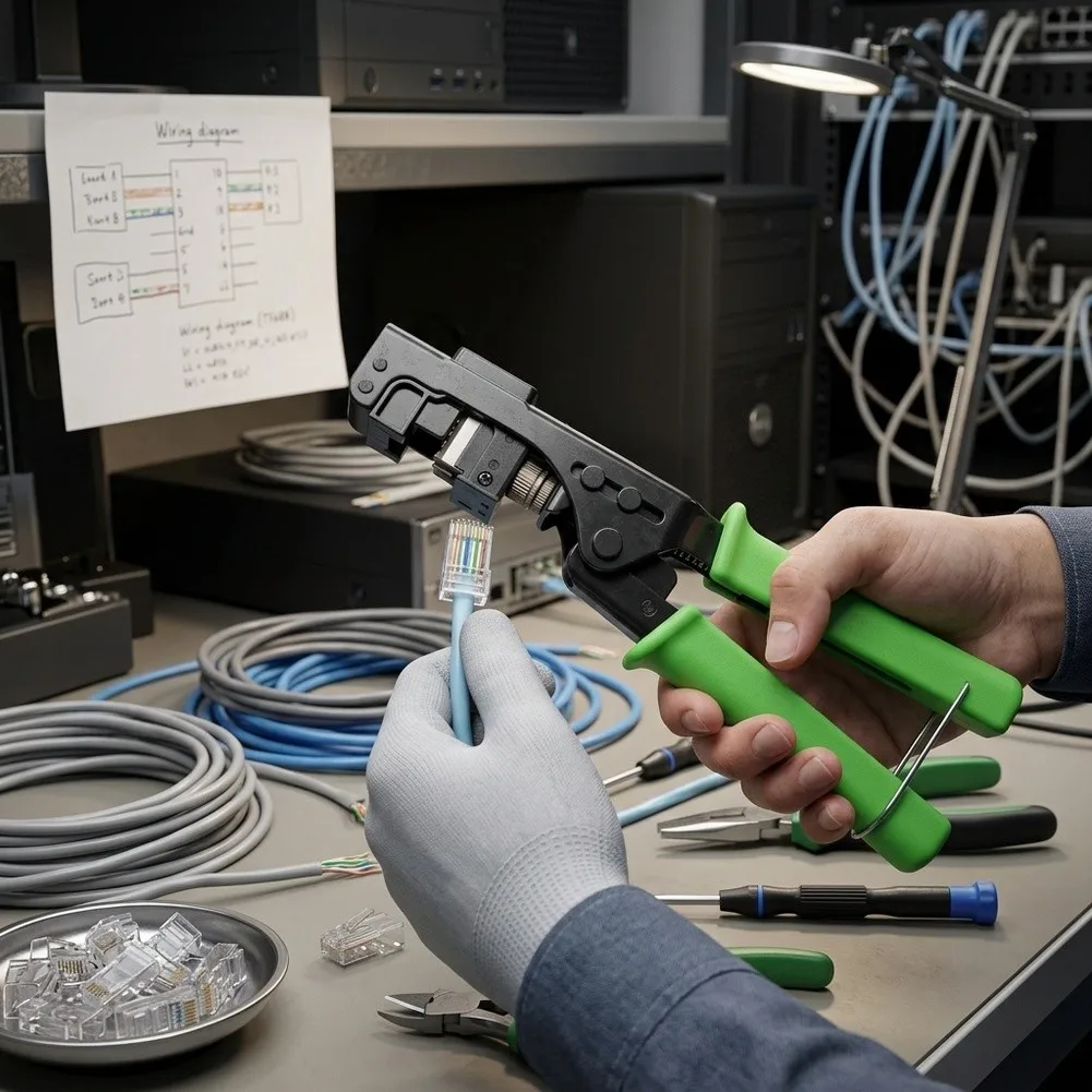 Crimping Tool for RJ45 Data Modules and Jacks with Safety Buckle Design and Optimized Ergonomics for Professional Use